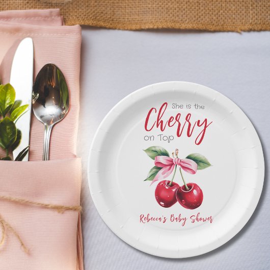 Cherry op Top Roze Bow Meisje Baby shower Papieren Bordje