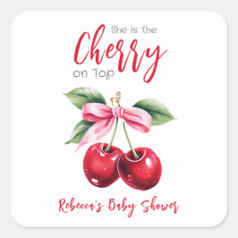 Cherry op Top Roze Bow Meisje Baby shower Vierkante Sticker