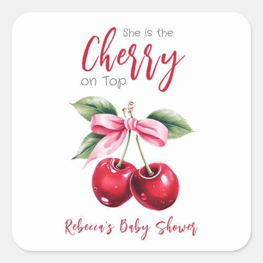 Cherry op Top Roze Bow Meisje Baby shower Vierkante Sticker (Voorkant)
