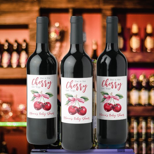 Cherry op Top Roze Bow Meisje Baby shower Wijn Etiket