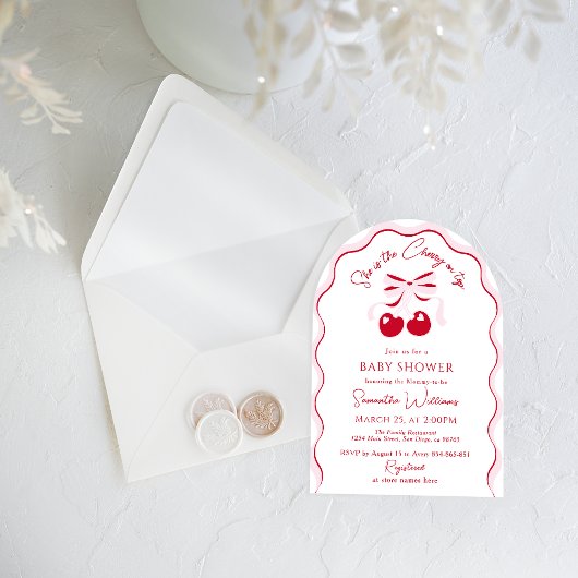 Cherry op Top Roze Bow Rode Baby Meisje Douche Inv Kaart