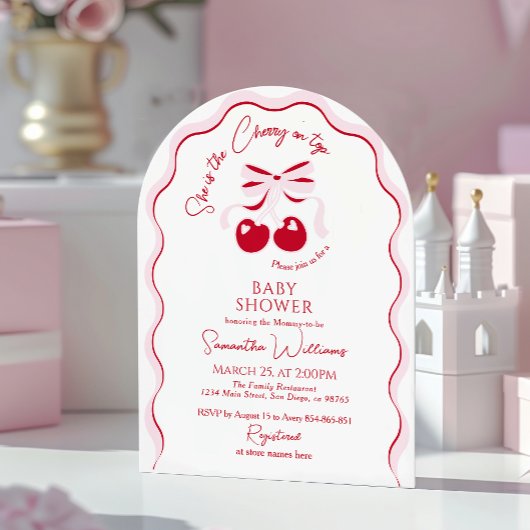 Cherry op Top Roze Bow Rode Baby Meisje Douche Inv Kaart