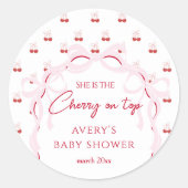 Cherry op Top Roze Bow Rode Baby Meisje Douche Ronde Sticker (Voorkant)