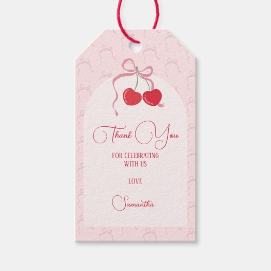 Cherry op Top Roze Bow Verjaardag Cadeaulabel (Voorkant)