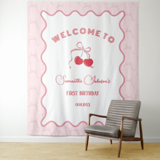 Cherry op Top Roze Bow Verjaardag Wandkleed