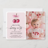 Cherry op Top Roze Verjaardagsfeest met Foto Kaart (Voorkant)