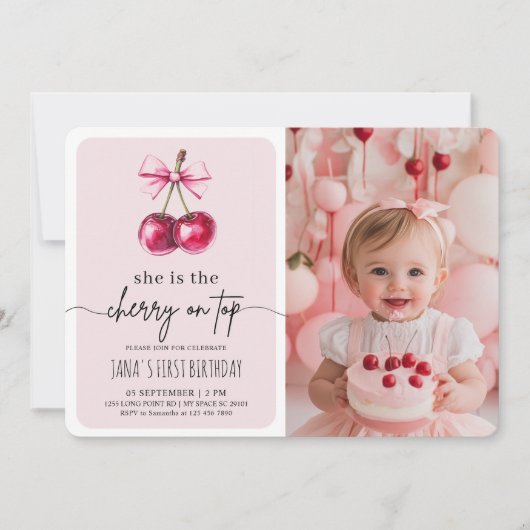 Cherry op Top Roze Verjaardagsfeest met Foto Kaart (Voorkant)