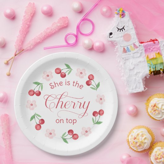 Cherry op Top roze waterverf Baby shower Papieren Bordje (Feest)