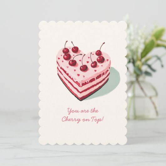 Cherry op Top Schattigee Heart Cake Valentijnsdag Feestdagenkaart (Staand voorkant)