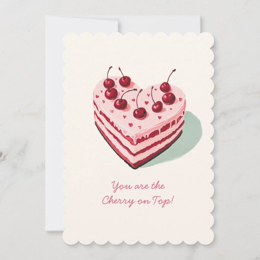 Cherry op Top Schattigee Heart Cake Valentijnsdag Feestdagenkaart (Voorkant)