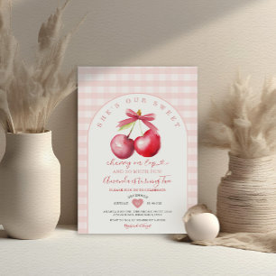 Cherry op Top Sweet Pink Gingham Girl Baby shower Kaart