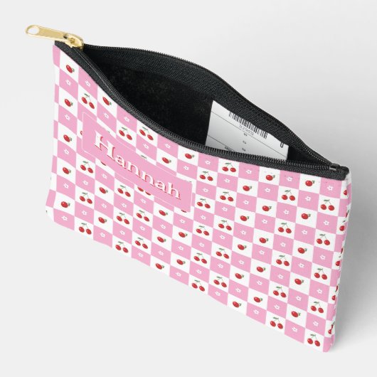 Cherry Pink And White Gingham Pattern Zipper Pouch Etui (Open)