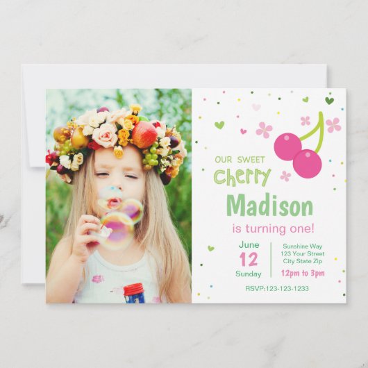 Cherry Pink Birthday Uitnodiging met foto (Voorkant)