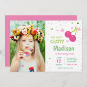 Cherry Pink Birthday Uitnodiging met foto (Voorkant / Achterkant)