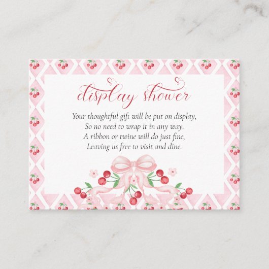 Cherry Pink Bow Baby shower Display Douche Informatiekaartje (Voorkant)