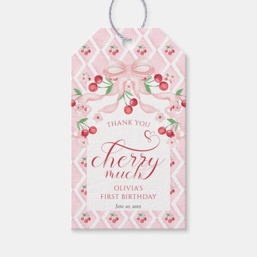 Cherry Pink Bow Baby shower Favoriet Cadeaulabel (Voorkant)