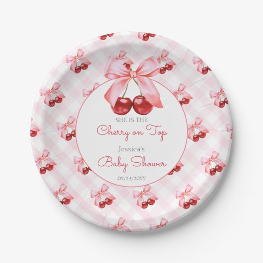 Cherry Pink Bow Baby Shower Papieren Bordje (Voorkant)