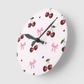 Cherry & Pink Bows Pattern - Coquette Aesthetic  Ronde Klok (Hoek)