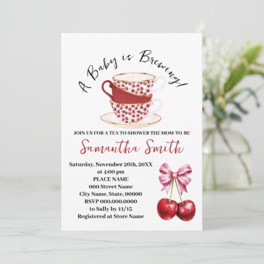 Cherry Pink Coquette Tea Baby shower Feestdagenkaart (Staand voorkant)