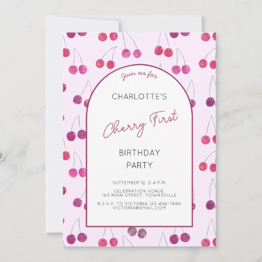 Cherry Pink eerste verjaardagsfeestje uitnodiging (Voorkant)