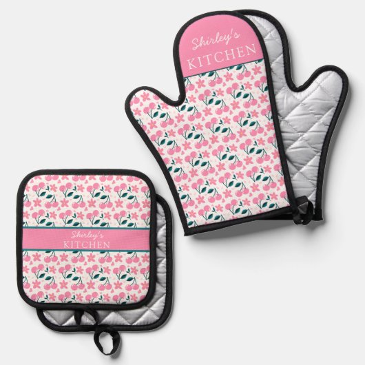 Cherry Pink Personalized oven| Custom Name  Ovenwant & Pannenlap Set (Voorkant / Achterkant)
