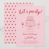 Cherry Pink Red Birthday Cake Invitation Kaart (Voorkant / Achterkant)