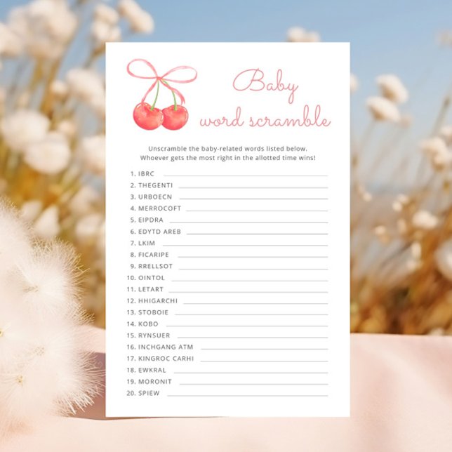 Cherry Pink Ribbon Baby shower Word Scramble spel (Creator heeft geüpload)