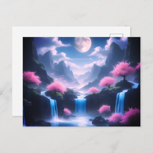 cherry pink tree-Moonlit Waterfall with mountains Briefkaart (Voorkant / Achterkant)