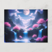 cherry pink tree-Moonlit Waterfall with mountains Briefkaart (Voorkant)