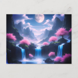 cherry pink tree-Moonlit Waterfall with mountains Briefkaart