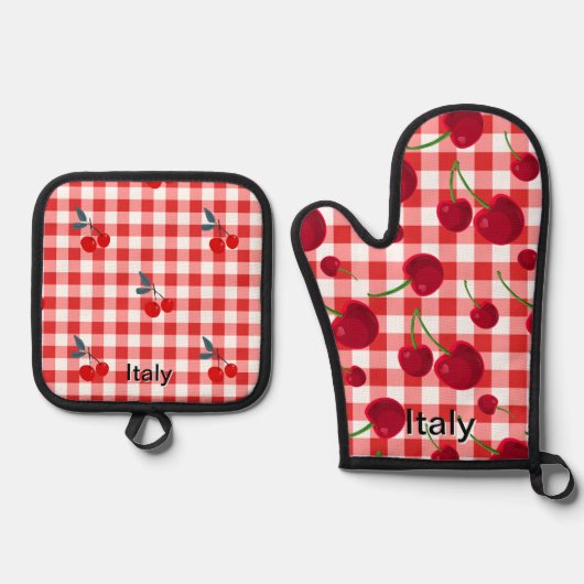 Cherry print pot holders - Italian kitchen Ovenwant & Pannenlap Set (Voorkant)
