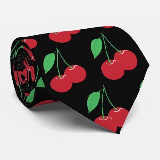 Cherry Print Zwart Stropdas (Opgerold)