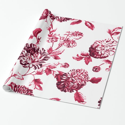 Cherry Red Botanische Floral Toile Cadeaupapier (Uitgerold)