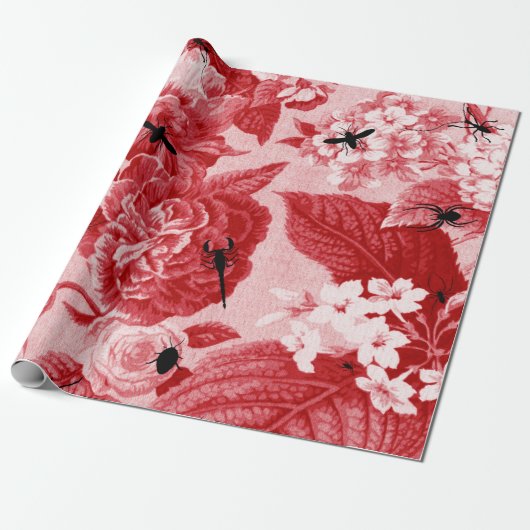 Cherry Red  Botanische Floral Toile Cadeaupapier (Uitgerold)