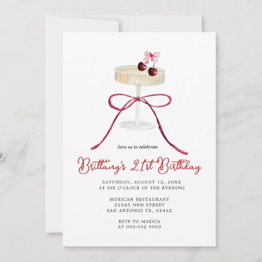 Cherry Red Bow Champagne 21st Birthday Invitation Kaart (Voorkant)