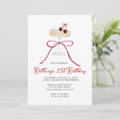 Cherry Red Bow Champagne 21st Birthday Invitation Kaart (Staand voorkant)
