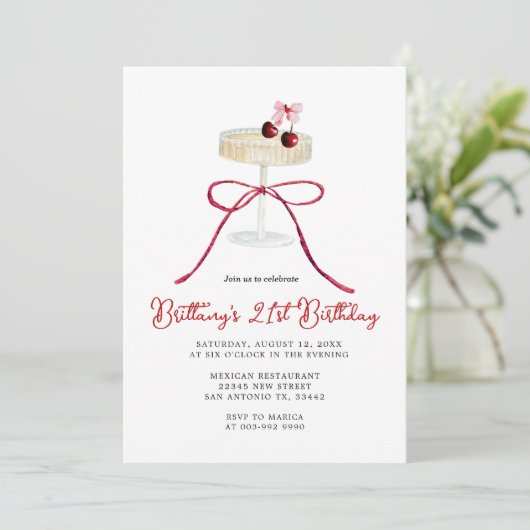 Cherry Red Bow Champagne 21st Birthday Invitation Kaart (Staand voorkant)