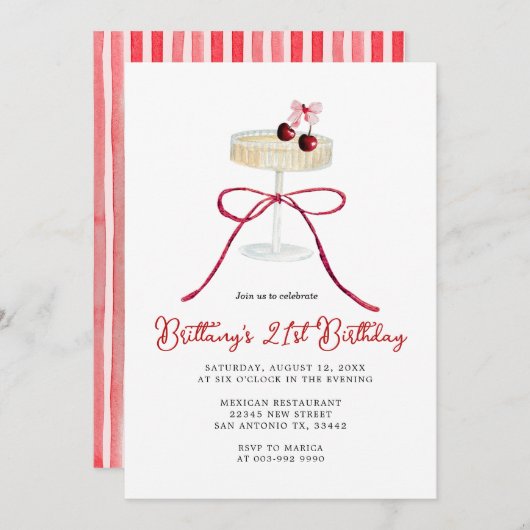 Cherry Red Bow Champagne 21st Birthday Invitation Kaart (Voorkant / Achterkant)