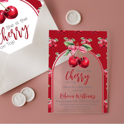 Cherry Red Coquette Bow Girl Baby shower Acryl Uitnodigingen