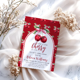 Cherry Red Coquette Bow Girl Baby shower Kaart