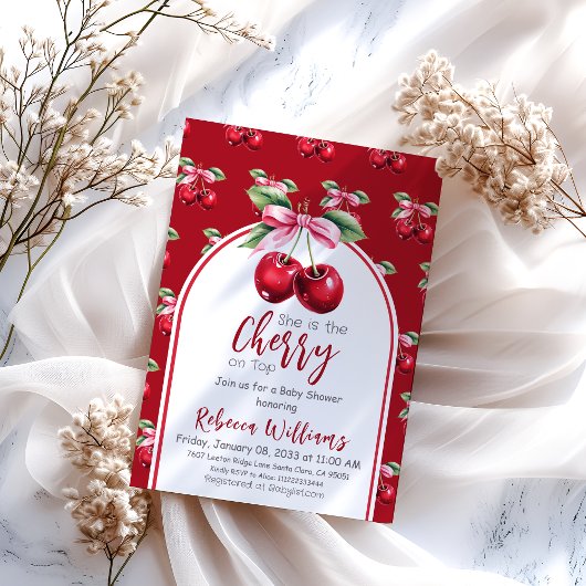 Cherry Red Coquette Bow Girl Baby shower Kaart