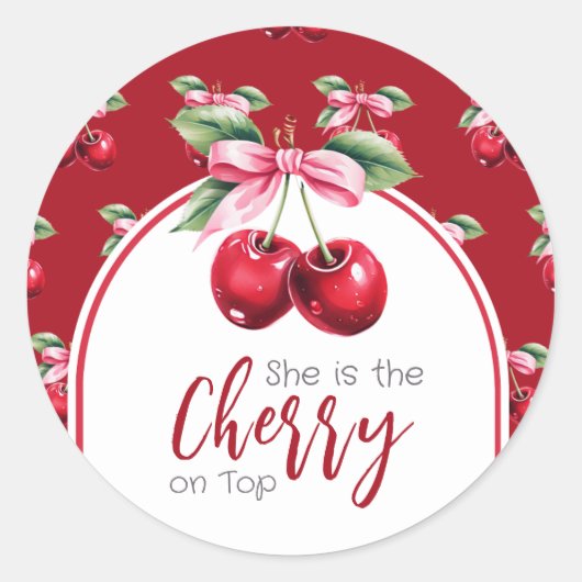 Cherry Red Coquette Bow Girl Baby shower Ronde Sticker (Voorkant)