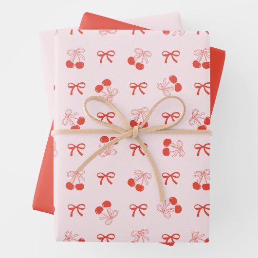 Cherry Red Coquette Bow Girly Wrapping Paper Set (In situ)