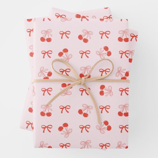 Cherry Red Coquette Bow Girly Wrapping Paper Set (In situ)