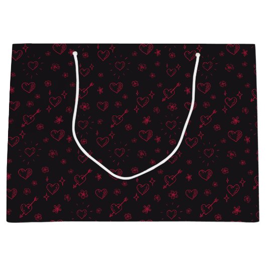 Cherry Red Doodle Flowers en Hearts Patterned Groot Cadeauzakje (Voorkant)