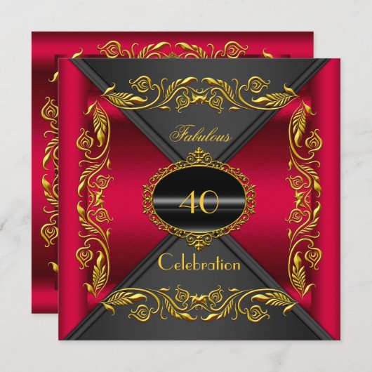 Cherry Red Elegant Black Gold Fabulous 40th Party Kaart (Voorkant / Achterkant)