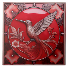 Cherry red faux relief Art Nouveau Hummingbird L Tegeltje