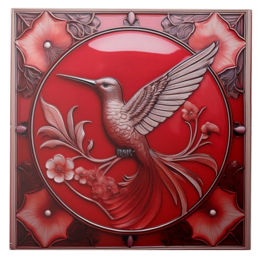 Cherry red faux relief Art Nouveau Hummingbird L Tegeltje (Voorkant)