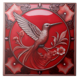 Cherry red faux relief Art Nouveau Hummingbird R Tegeltje