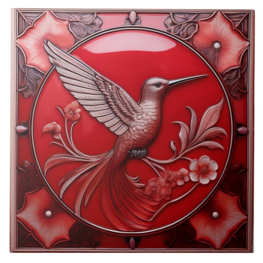 Cherry red faux relief Art Nouveau Hummingbird R Tegeltje (Voorkant)